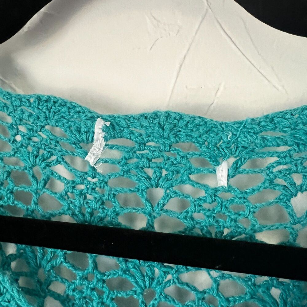 Teal Crochet Short Sleeve Open Knit One Button Cardigan Boho Beachy y2k Coastal - Picture 5 of 7